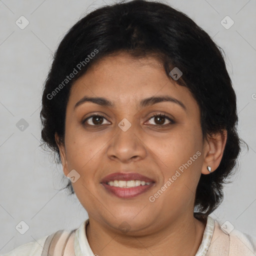 Joyful latino young-adult female with medium  brown hair and brown eyes