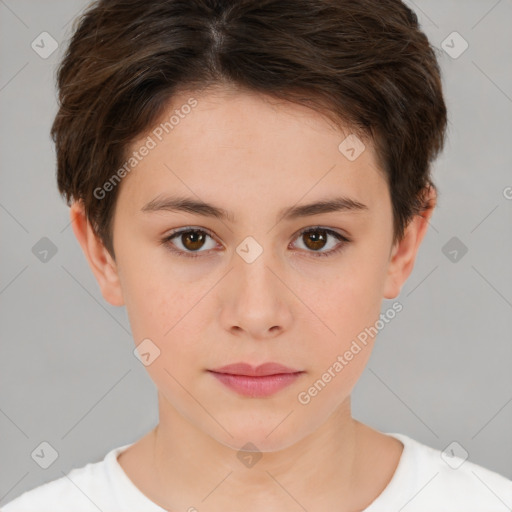 Neutral white young-adult female with short  brown hair and brown eyes