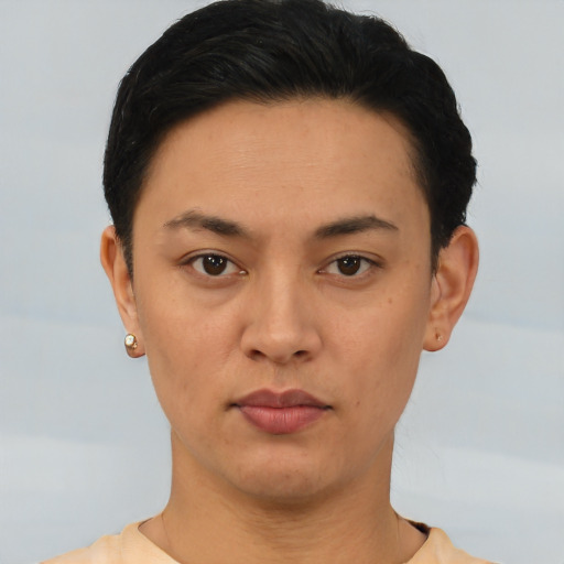 Neutral asian young-adult female with short  black hair and brown eyes