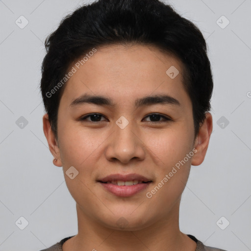 Joyful asian young-adult male with short  brown hair and brown eyes