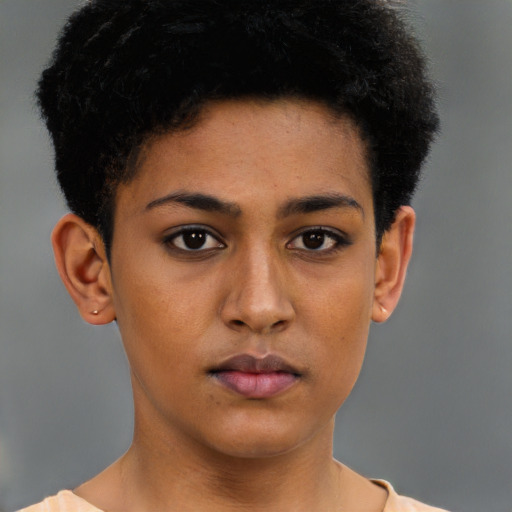 Neutral latino young-adult female with short  brown hair and brown eyes