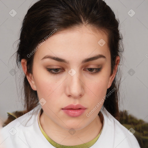 Neutral white young-adult female with medium  brown hair and brown eyes