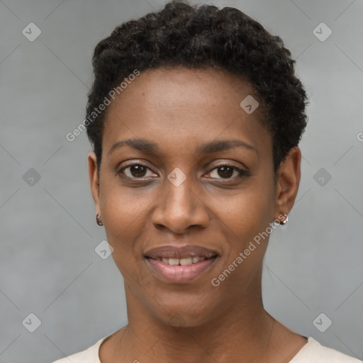 Joyful black young-adult female with short  brown hair and brown eyes