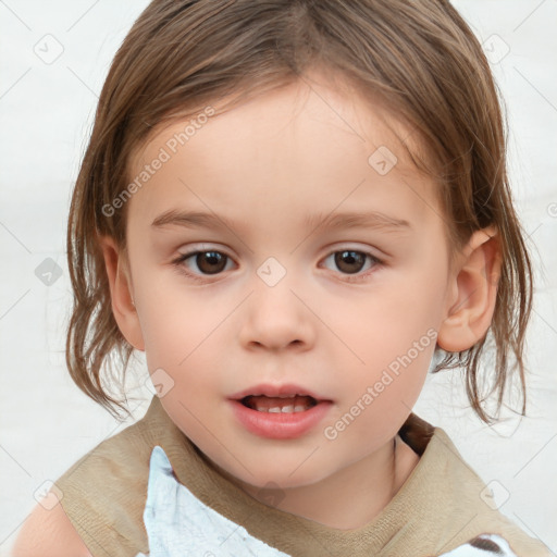 Joyful white child female with medium  brown hair and brown eyes