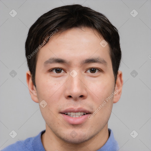 Neutral asian young-adult male with short  black hair and brown eyes