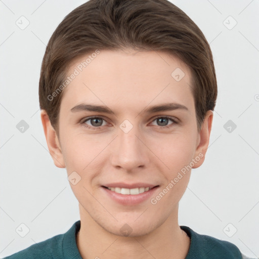 Joyful white young-adult female with short  brown hair and grey eyes