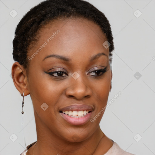 Joyful black young-adult female with short  brown hair and brown eyes