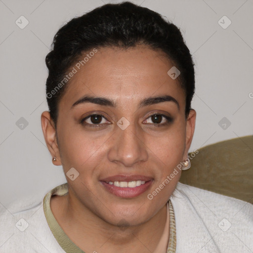 Joyful white young-adult female with short  brown hair and brown eyes