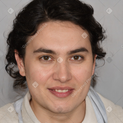 Joyful white young-adult male with medium  brown hair and brown eyes