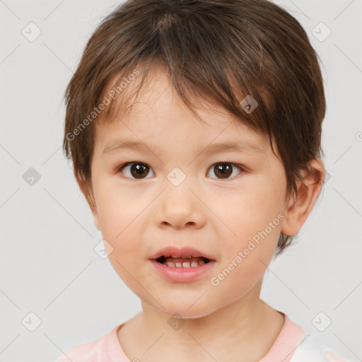 Joyful white child female with short  brown hair and brown eyes