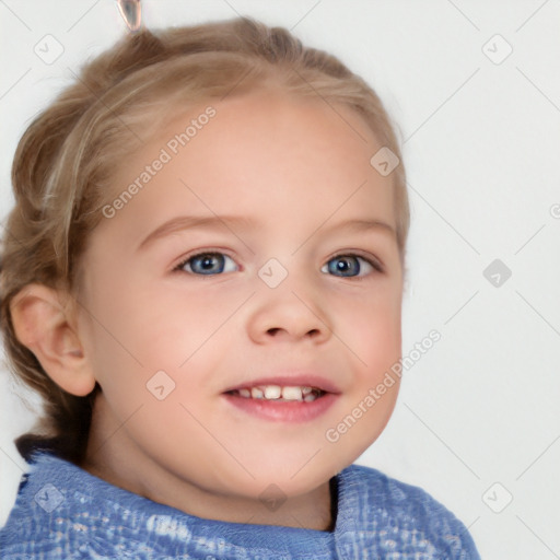 Joyful white child female with short  brown hair and blue eyes