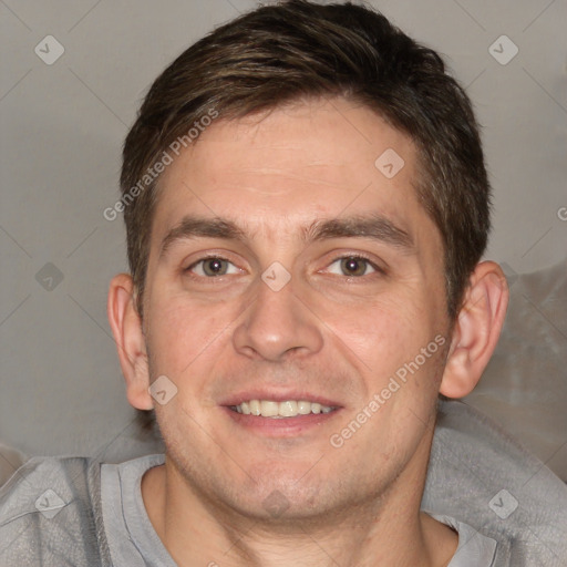 Joyful white adult male with short  brown hair and brown eyes