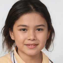 Joyful white child female with medium  brown hair and brown eyes