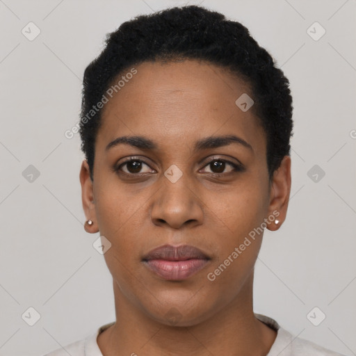 Neutral latino young-adult female with short  black hair and brown eyes