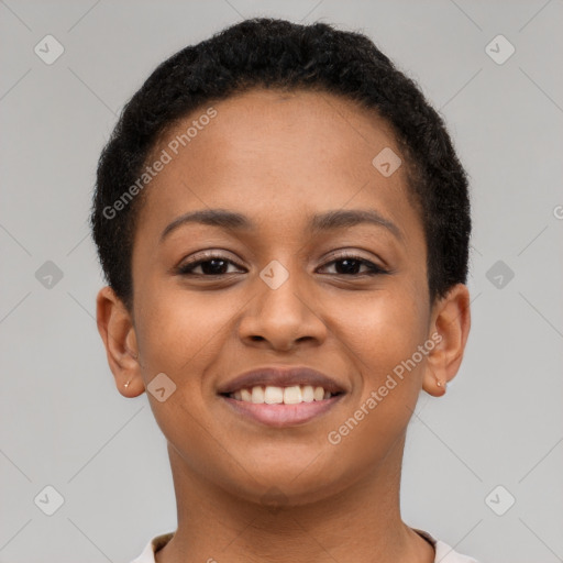 Joyful latino young-adult female with short  brown hair and brown eyes