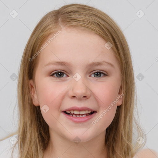 Joyful white child female with medium  brown hair and brown eyes