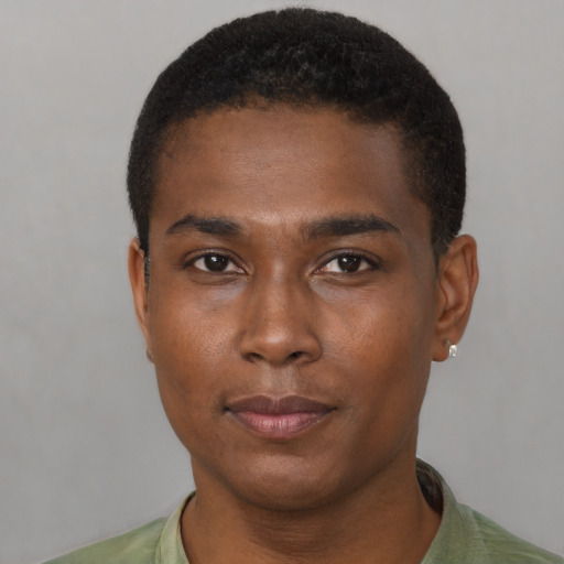 Neutral black young-adult male with short  brown hair and brown eyes