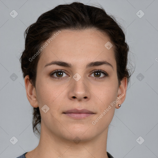 Neutral white young-adult female with short  brown hair and brown eyes