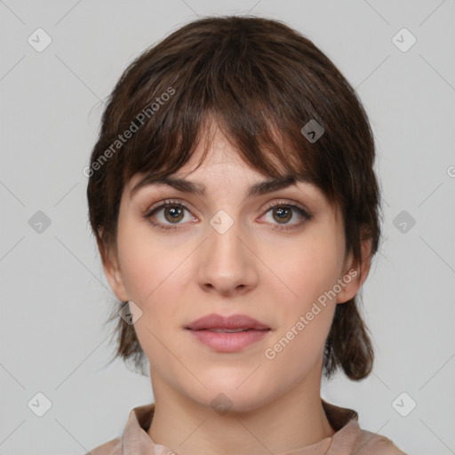 Neutral white young-adult female with medium  brown hair and brown eyes