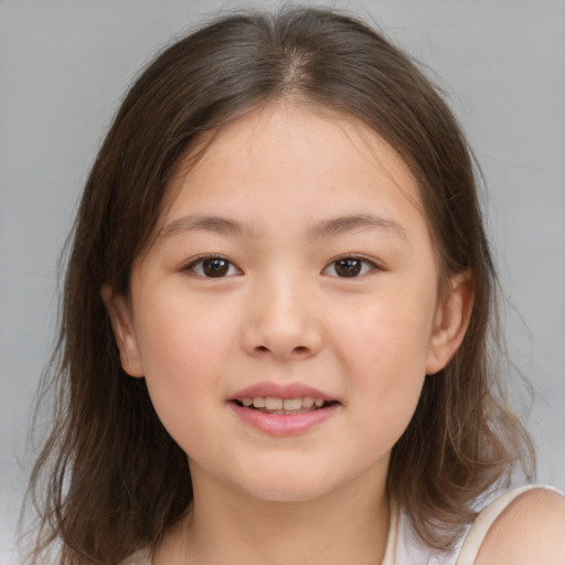 Joyful white child female with medium  brown hair and brown eyes