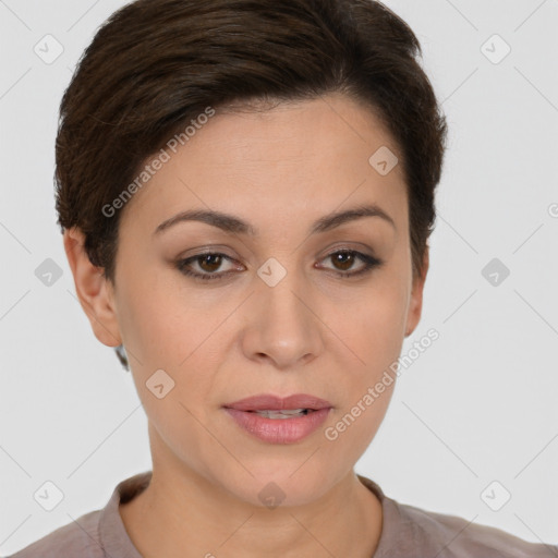 Joyful white young-adult female with short  brown hair and brown eyes