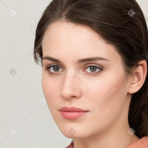 Neutral white young-adult female with medium  brown hair and brown eyes