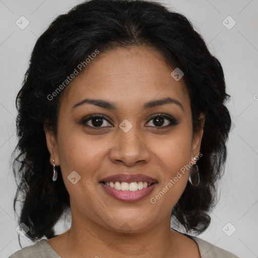 Joyful latino young-adult female with medium  brown hair and brown eyes