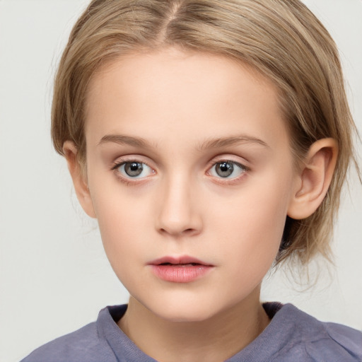 Neutral white child female with medium  brown hair and blue eyes