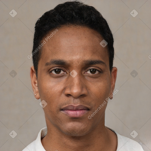 Neutral black young-adult male with short  black hair and brown eyes