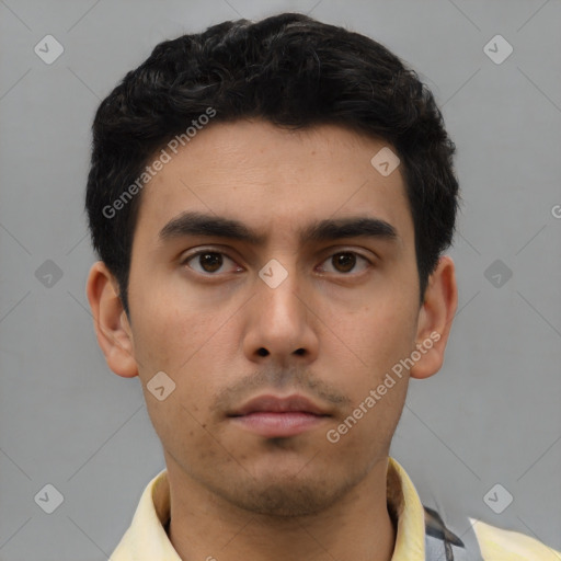 Neutral asian young-adult male with short  black hair and brown eyes