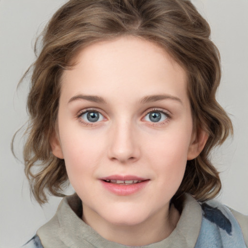 Joyful white child female with medium  brown hair and blue eyes