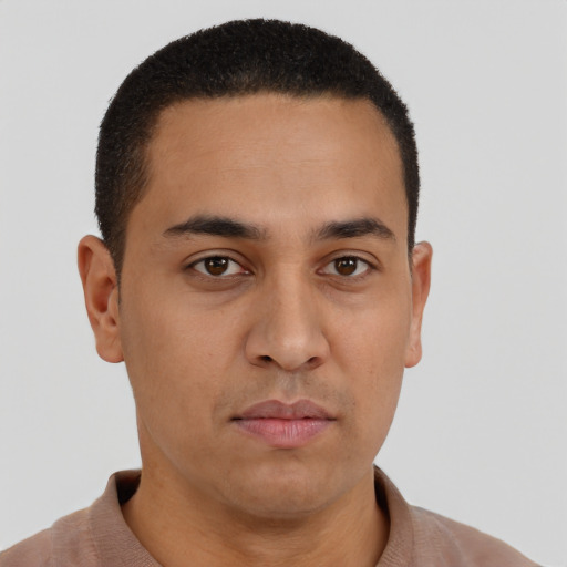 Neutral latino young-adult male with short  black hair and brown eyes