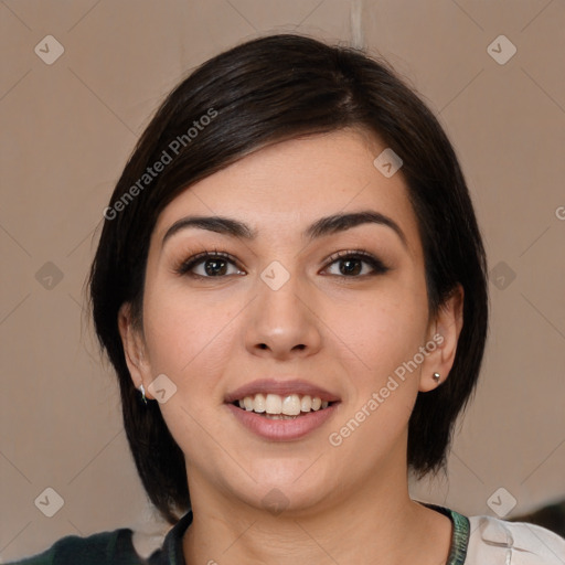 Joyful white young-adult female with medium  black hair and brown eyes