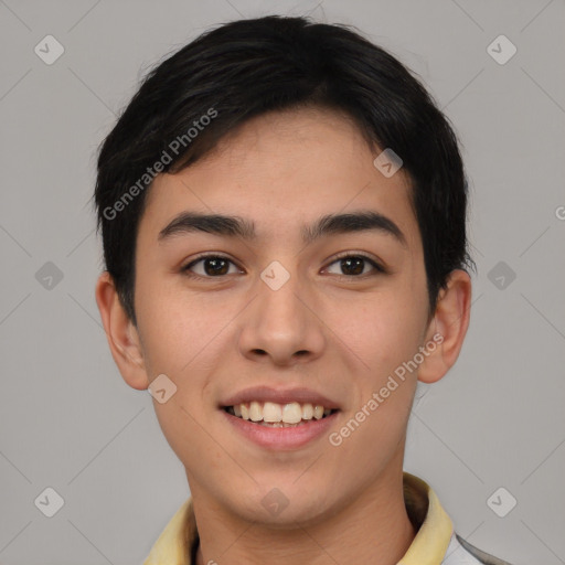 Joyful white young-adult male with short  black hair and brown eyes