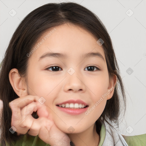 Joyful white child female with medium  brown hair and brown eyes