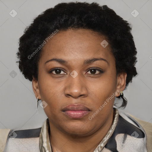 Joyful black adult female with short  brown hair and brown eyes