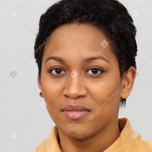 Joyful latino young-adult female with short  black hair and brown eyes