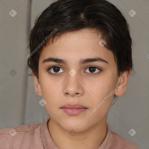 Neutral white young-adult female with short  brown hair and brown eyes