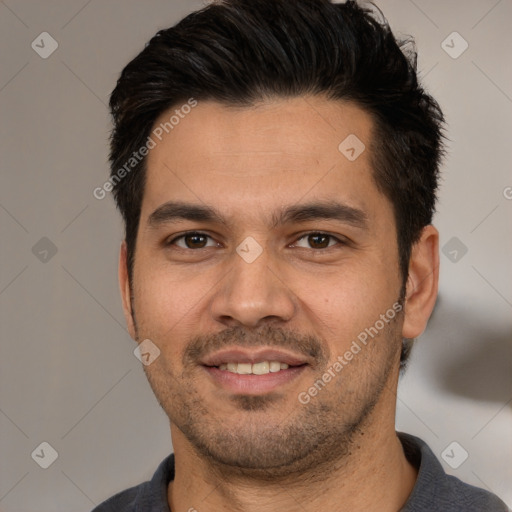 Joyful white young-adult male with short  black hair and brown eyes