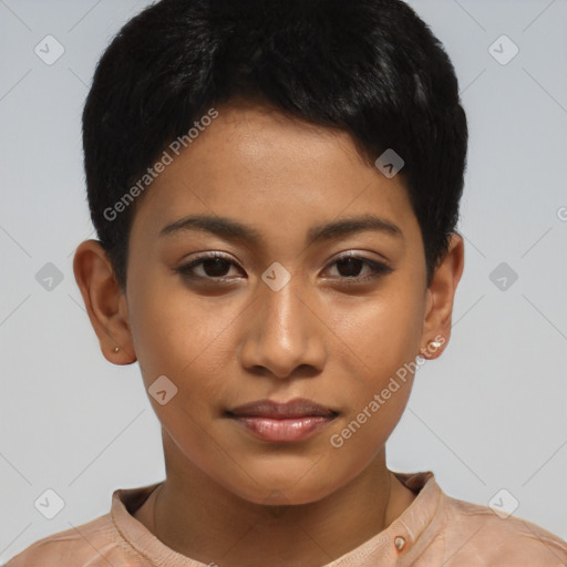 Joyful latino young-adult female with short  brown hair and brown eyes