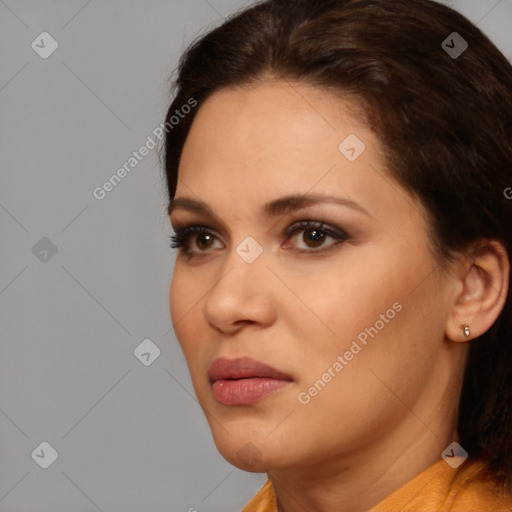 Neutral white young-adult female with medium  brown hair and brown eyes