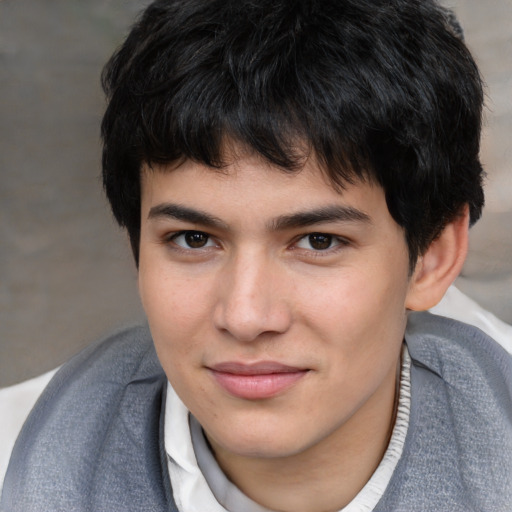 Joyful white young-adult male with medium  brown hair and brown eyes