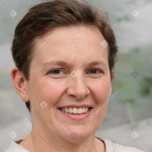 Joyful white adult female with short  brown hair and brown eyes