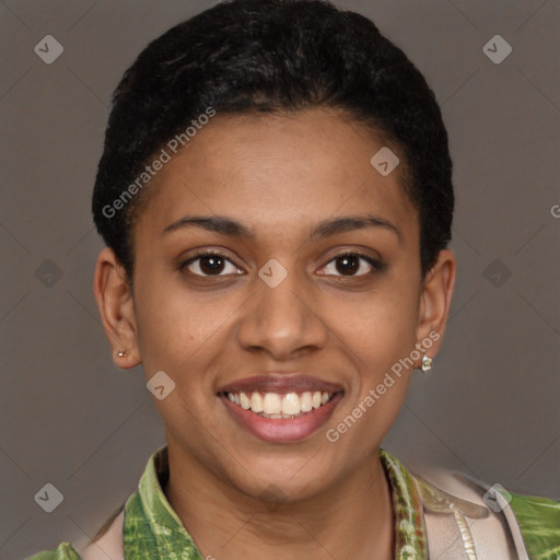 Joyful latino young-adult female with short  brown hair and brown eyes