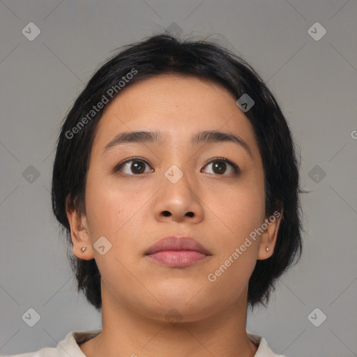 Neutral asian young-adult female with medium  brown hair and brown eyes