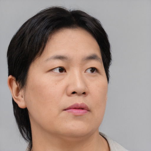 Neutral asian adult female with short  brown hair and brown eyes