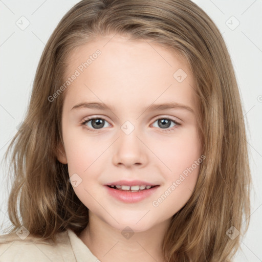 Joyful white child female with medium  brown hair and brown eyes