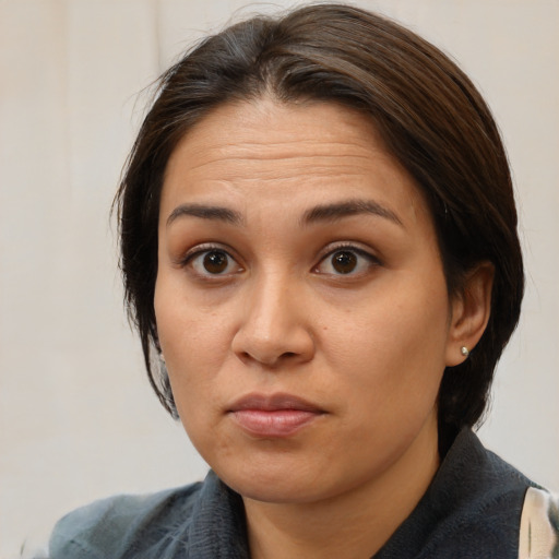 Neutral white adult female with medium  brown hair and brown eyes