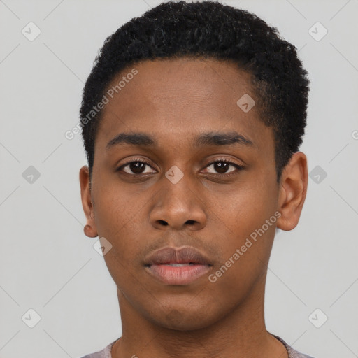 Neutral black young-adult male with short  black hair and brown eyes