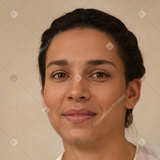 Joyful white young-adult female with short  brown hair and brown eyes